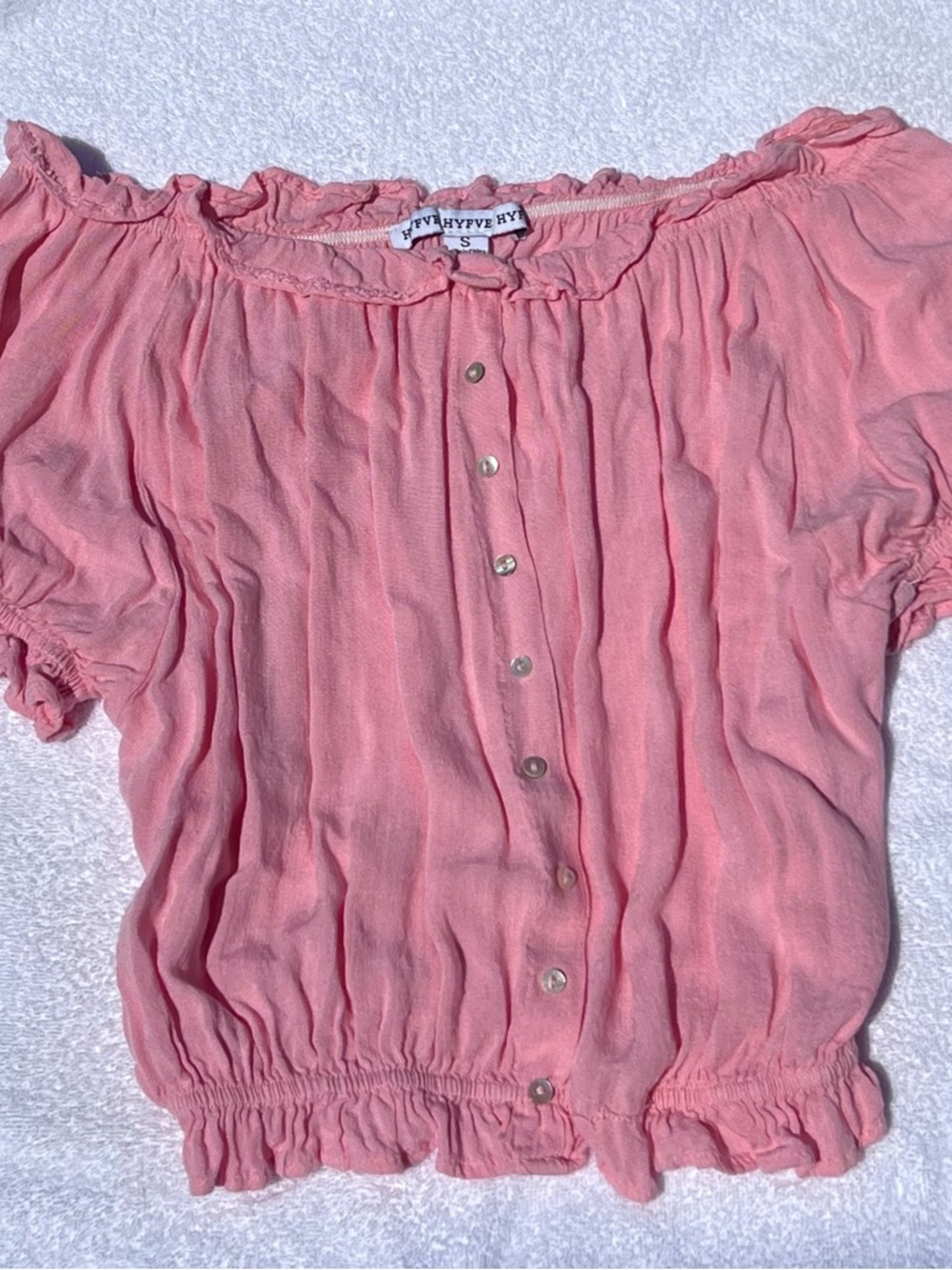 Soft Salmon/Pink Button-Front Off-Shoulder Blouson Top, Size Small
